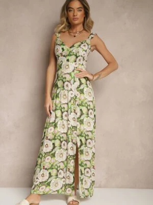 Zielono-Beżowa Wiskozowa Sukienka o Rozkloszowanym Kroju w Kwiaty Redalie rosa