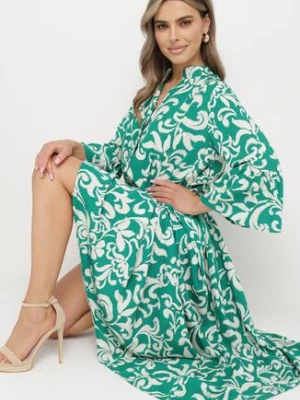 Zielona Wiskozowa Sukienka Ozdobiona Ornamentalnym Wzorem Golilena