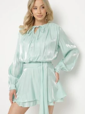 Zielona Wiskozowa Sukienka Ozdobiona Wiązaniem i Falbanką Rallio allyson