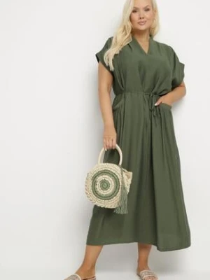 Zielona Wiskozowa Sukienka Pudełkowa z Cienkim Paskiem i Kieszeniami Lumivorae j&x