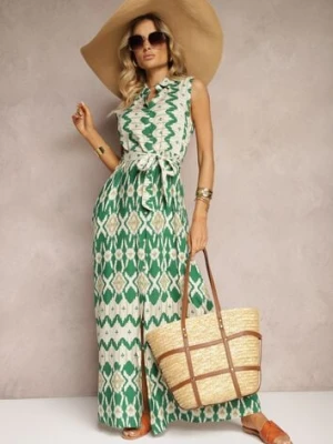 Zielona Wiskozowa Sukienka w Koszulowym Stylu z Materiałowym Paskiem w Talii Drevima rosa