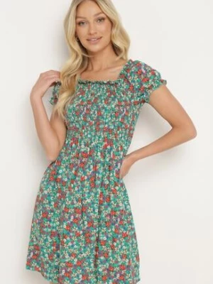 Zielona Wiskozowa Sukienka w Kwiaty Typu Hiszpanka z Gumką w Talii Revemia j&x