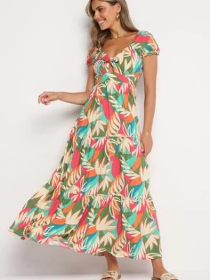 Zielona Wiskozowa Sukienka w Kwiaty z Wiązaniem przy Dekolcie i Falbanką Meviera rosa