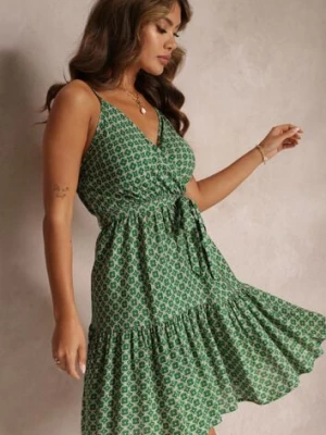 Zielona Wiskozowa Sukienka z Falbankami i Gumką w Pasie z Materiałowym Paskiem Erafina cflo