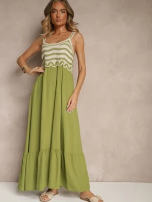 Zielona Wiskozowa Sukienka z Haftami na Ramiączkach o Rozkloszowanym Kroju Efralisse rosa