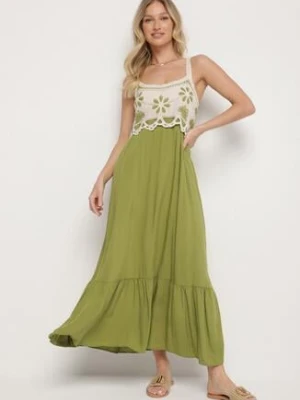 Zielona Wiskozowa Sukienka z Haftowanym Wzorem Rinavella rosa