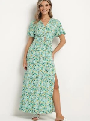 Zielona Wiskozowa Sukienka z Kopertowym Dekoltem i Gumką w Pasie z Paskiem i Rozcięciem Vikama rosa