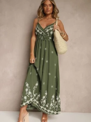 Zielona Wiskozowa Sukienka z Kopertowym Dekoltem i Haftami Sarondra j&x