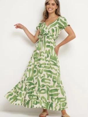 Zielona Wiskozowa Sukienka z Kopertowym Dekoltem i Materiałowym Paskiem z Gumką w Talii Vikailla