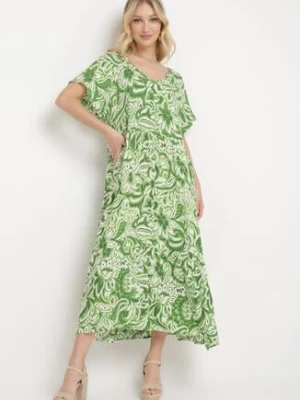 Zielona Wiskozowa Sukienka z Krótkim Rękawem i Falbanką Cindabella