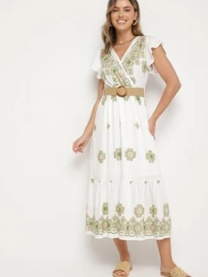 Biało-Zielona Wiskozowa Sukienka z Paskiem w Ornamentny Wzór Nilorine rosa