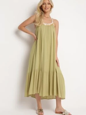 Zielona Wiskozowa Sukienka z Ramiączkami Zdobiona Cekinami i Metaliczną Nitką Comalara rosa