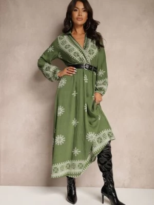 Zielona Wzorzysta Sukienka z Wiskozą o Kopertowym Kroju z Gumką i Paskiem Zinalise rosa