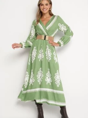 Zielona Wzorzysta Sukienka z Wiskozą o Kopertowym Kroju z Gumką w Talii i Paskiem Tifirae rosa