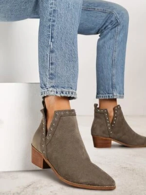 Zielone Ażurowe Botki Vices na Obcasie Ozdobione Wycięciem i Nitami Lilfedi