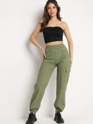 Zielone Bawełniane Bojówki z Naszytymi Kieszeniami i Ściągaczami Spodnie Rinea