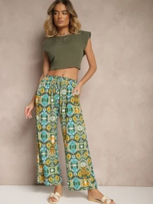 Zielone Bawełniane Spodnie High Waist Szerokie we Wzór Boho Tolioria