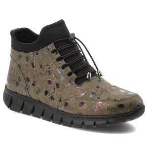 Trzewiki damskie Artiker, skórzane licowe we wzorki z okrągłym noskiem na płaskiej podeszwiei na zamek, khaki, 57C2163