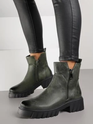 Zielone Botki do Kostki na Tłoczonej Podeszwie Zdobione Suwakiem Vodvire m.daszynski