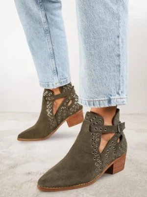 Zielone Botki Kowbojki Vices na Obcasie Ozdobione Wycięciem i Metalicznymi Wstawkami Nelori
