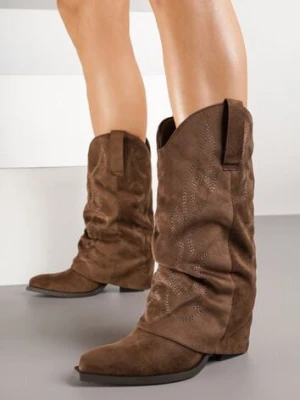 Brązowe Botki Kowbojki z Cholewką Imitującą Nogawkę Zellaxie ideal