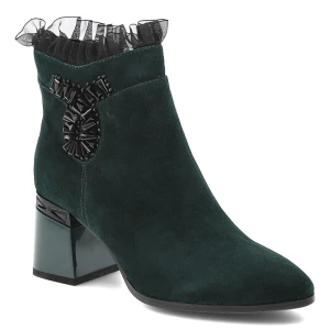 Botki damskie S. Barski, skórzane bogato zdobione na obcasie i na zamek, zielone, MR52-127 S.Barski
