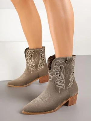 Zielone Botki Vices na Obcasie w Stylu Kowbojek z Haftem Nelithraea