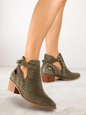 Zielone Botki Vices na Słupku w Stylu Kowbojek z Metalicznymi Aplikacjami i Wycięciami Virori