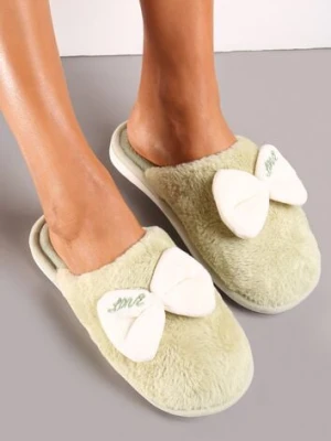 Zielone Kapcie Ozdobione Kokardką ze Sztucznego Futerka na Piankowej Podeszwie Ravna