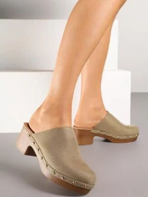 Zielone Klapki Mule w Stylu Drewniaków z Nitami na Słupkowym Obcasie Glerra bellucci