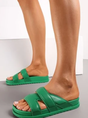 Zielone Klapki z Szerokim Paskiem z Wycięciami na Grubej Podeszwie Elixis