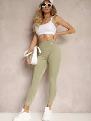 Zielone Legginsy High Waist z Gumką w Pasie Cloen