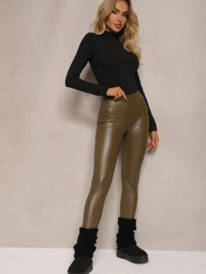 Zielone Legginsy High Waist z Imitacji Skóry z Gumką w Pasie Ozdobione Guzikami Sinairis defox