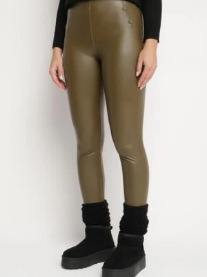 Zielone Legginsy z Ekoskóry z Guzikami Wysokim Stanem i Gumką w Talii Sintheria defox