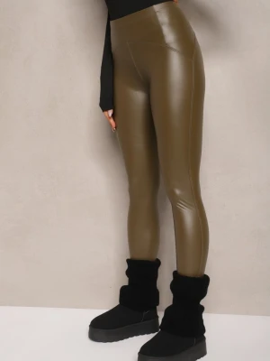 Zielone Legginsy z Imitacji Skóry High Waist z Polarem Labrinne Defox