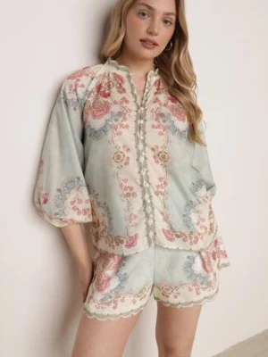 Zielone Letnie Szorty w Stylu Boho z Kwiatowym Motywem i Paskiem Sharoria bisou's project