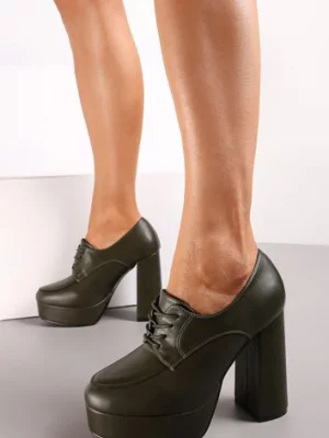 Zielone Półbuty na Słupkowym Obcasie z Wiązaniem i Okrągłym Noskiem Adocia