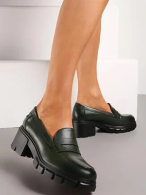 Zielone Półbuty z Ekozamszu ze Skórzaną Wkładką na Słupku i Podeszwie z Wycięciami Harneva