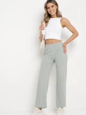 Zielone Prążkowane Spodnie Szerokie z Gumką w Pasie Drasia glo-story
