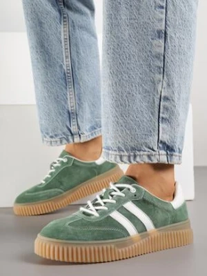 Zielone Skórzane Sneakersy Klasyczne Tenisówki z Zamszu Naturalnego Teniresela