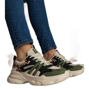 Zielone sneakersy damskie sportowe z brokatem czarne