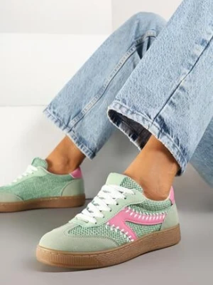 Jasnozielone Sneakersy Kultowe Tenisówki z Ozdobnymi Przeszyciami i Tweedem Koriarea