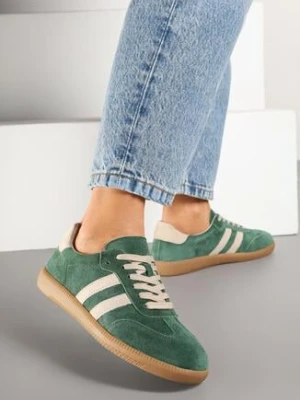Zielone Sneakersy na Płaskiej Podeszwie ze Skórzaną Wkładką i Geometrycznym Wzorem Nelirria