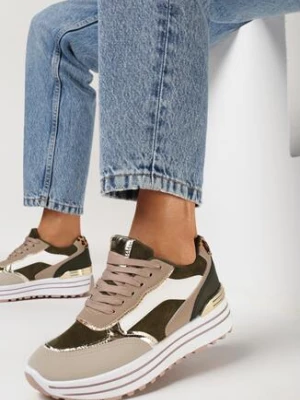 Zielone Sneakersy na Platformie z Metalicznymi Wstawkami Stovia