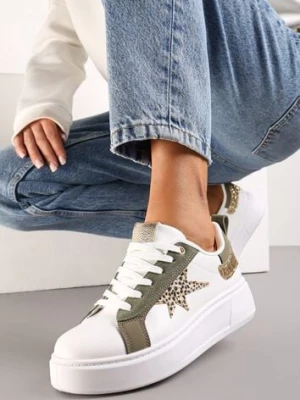 Biało-Zielone Sneakersy Ozdobione Brokatem na Niskiej Platformie Leonare