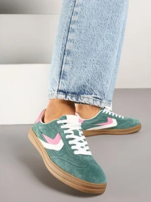 Zielone Sneakersy Skórzane w Stylu Tenisówek z Geometrycznym Motywem Erisane goodin