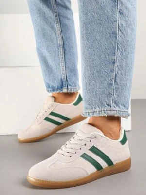 Beżowo-Zielone Sneakersy w Stylu Klasycznych Tenisówek z Ozdobnymi Przeszyciami Revasa