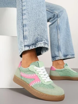 Jasnozielone Sneakersy w Stylu Klasycznych Tenisówek Zdobione Przeszyciami i Tweedem Koriznne