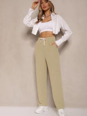 Zielone Spodnie High Waist z Prostą Nogawką i Gumką w Pasie Fadesa