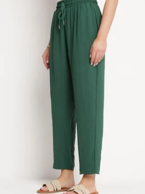 Zielone Spodnie Luźne z Kieszeniami i Gumką w Talii oraz Sznurkiem Enivia defox